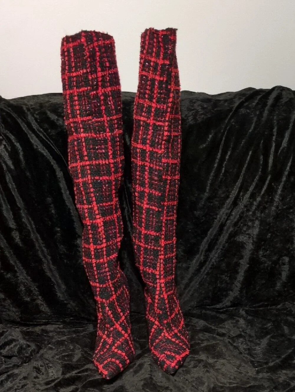 Rumbidzo Red & Black Plaid Over-the-Knee Stiletto Boots - Women